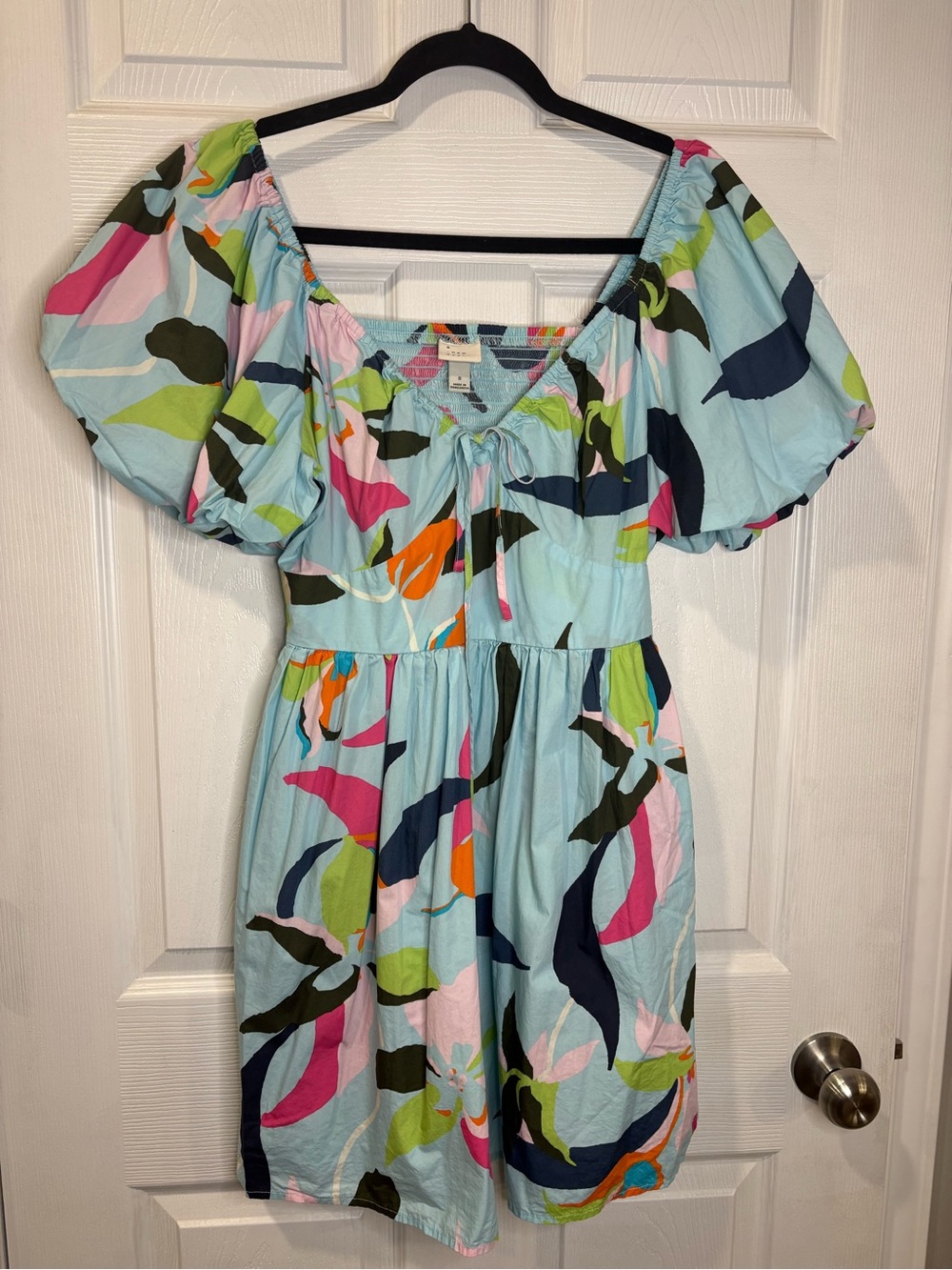 A Mew Day Colorful Floral Puff-Sleeve Mini Dress - Light Blue Base Size Small